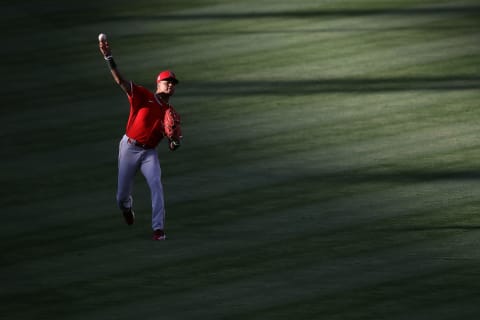 ANAHEIM, CALIFORNIA – JULY 15: Jordyn Adams #95 of the Los Angeles Angels warms up prior to an intraleague game at their summer workouts at Angel Stadium of Anaheim on July 15, 2020 in Anaheim, California. (Photo by Sean M. Haffey/Getty Images)