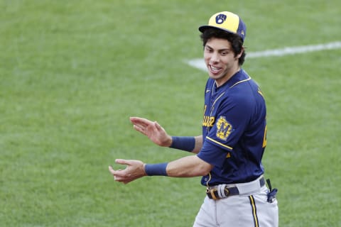 CINCINNATI, OH – SEPTEMBER 21: Christian Yelich #22 of the Milwaukee Brewers looks on before the game against the Cincinnati Reds at Great American Ball Park on September 21, 2020 in Cincinnati, Ohio. (Photo by Joe Robbins/Getty Images)