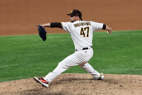 ARLINGTON, TEXAS – OCTOBER 08: Trevor Rosenthal #47 of the San Diego Padres pitches during the ninth inning against the Los Angeles Dodgers in Game Three of the National League Division Series at Globe Life Field on October 08, 2020 in Arlington, Texas. (Photo by Tom Pennington/Getty Images)