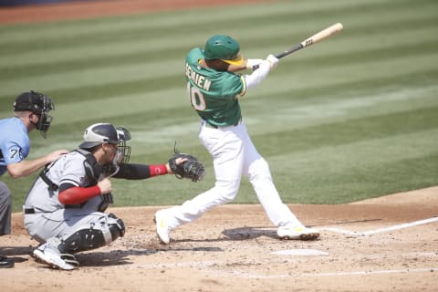 OAKLAND, CA – SEPTEMBER 30: Marcus Semien #10 of the Oakland Athletics hits a home run during the game against the Chicago White Sox at RingCentral Coliseum on September 30, 2020 in Oakland, California. The Athletics defeated the White Sox 5-3. (Photo by Michael Zagaris/Oakland Athletics/Getty Images)