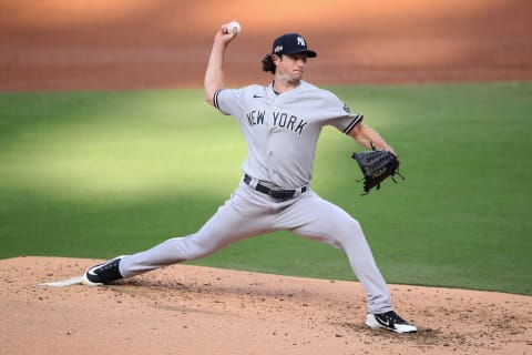 SAN DIEGO, CALIFORNIA – OCTOBER 09: Starting pitcher Gerrit Cole #45 of the New York Yankees pitches against the Tampa Bay Rays in Game Five of the American League Division Series at PETCO Park on October 09, 2020 in San Diego, California. (Photo by Christian Petersen/Getty Images)