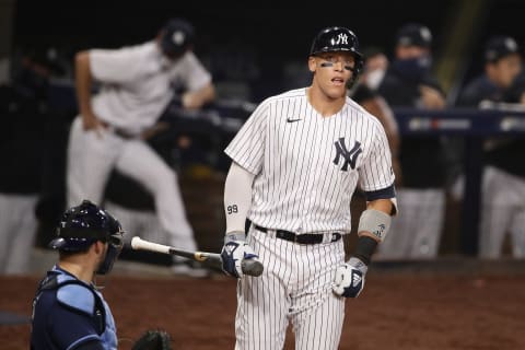 SAN DIEGO, CALIFORNIA – OCTOBER 08: Aaron Judge #99 of the New York Yankees bats against the Tampa Bay Rays in Game Four of the American League Division Series at PETCO Park on October 08, 2020 in San Diego, California. (Photo by Christian Petersen/Getty Images)