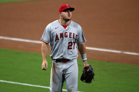 SAN DIEGO, CA – SEPTEMBER 22: Mike Trout #27 of the Los Angeles Angels looks on during the game against the San Diego Padres at Petco Park on September 22, 2020 in San Diego, California. The Angels defeated the Padres 4-2. (Photo by Rob Leiter/MLB Photos via Getty Images)