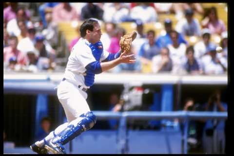 May 1991: Catcher Mike Scioscia of the Los Angeles Dodgers in action during a game against the New York Mets at Dodger Stadium in Los Angeles, California. Mandatory Credit: Stephen Dunn /Allsport