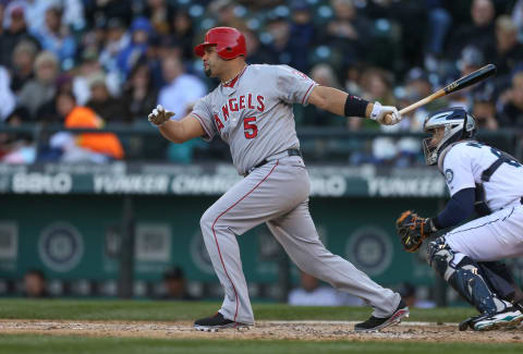 SEATTLE, WA – OCTOBER 03: Albert Pujols #5 of the Los Angeles Angels of Anaheim bats against the Seattle Mariners at Safeco Field on October 3, 2012 in Seattle, Washington. (Photo by Otto Greule Jr/Getty Images)