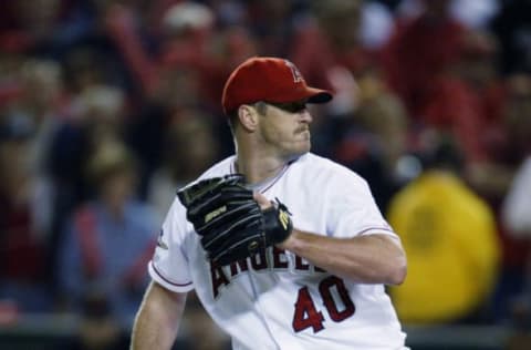 ANAHEIM, CA – OCTOBER 26: Pitcher Troy Percival #40 of the Anaheim Angels delivers the pitch during Game six of the 2002 World Series against the San Francisco Giants at Edison Field on October 26, 2002 in Anaheim, California. The Angels defeated the Giants 6-5. (Photo by Al Bello/Getty Images)