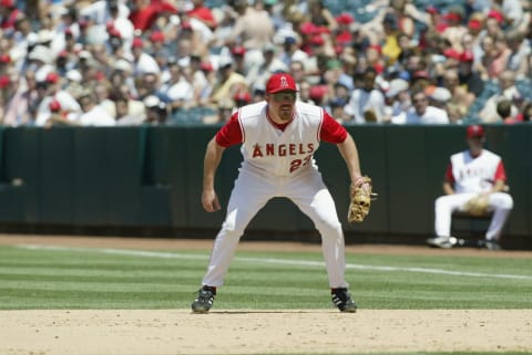 ANAHEIM, CA – JULY 13: First baseman Scott Spiezio #23 of the Anaheim Angels plays defense during the MLB game against the Minnesota Twins at Edison Field on July 13, 2003 in Anaheim, California. Anaheim won 8-3. (Photo by Stephen Dunn/Getty Images)