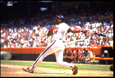 7 AUG 1991: DAVE WINFIELD, DESIGNATED HITTER FOR THE CALIFORNIA ANGELS, SENDS THE BALL INTO ORBIT DURING THEIR GAME AGAINST THE MINNESOTA TWINS AT ANAHEIM STADIUM IN ANAHEIM, CALIFORNIA. (Credit: Stephen Dunn/Allsport)