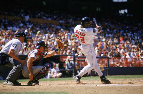 ANAHEIM, CA – JUNE 8: Bo Jackson #22 of the California Angels swings during a game against the Minnesota Twins at Anaheim Stadium on June 8, 1994 in Anaheim, California. (Photo by Jed Jacobsohn/Getty Images)