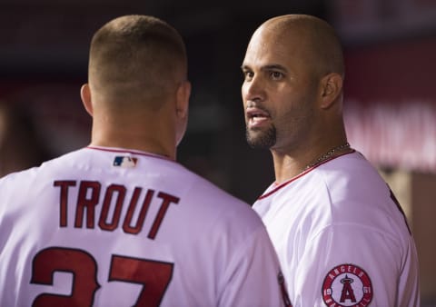 Albert Pujols talks to Mike Trout (Photo by Matt Brown/Angels Baseball LP/Getty Images)