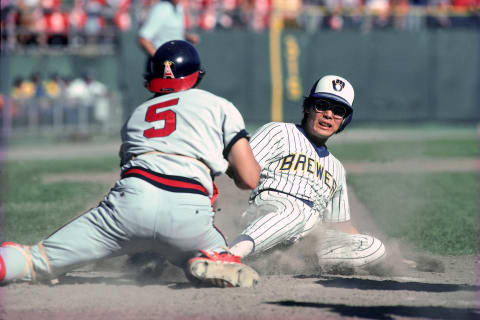 Brian Downing makes the play at the plate. (Photo by Ronald C. Modra/Getty Images)