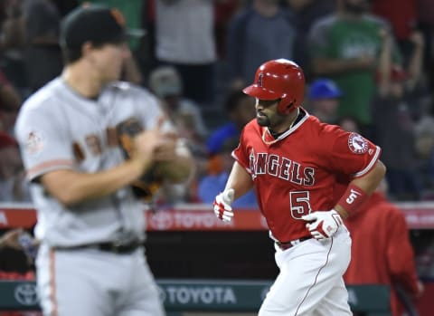 ANAHEIM, CA – APRIL 21: Designated hitter Albert Pujols #5 of Los Angeles Angels of Anaheim rounds third base after hitting a two-run home run in the sixth inning against the San Francisco Giants at Angel Stadium on April 21, 2018 in Anaheim, California. (Photo by John McCoy/Getty Images)