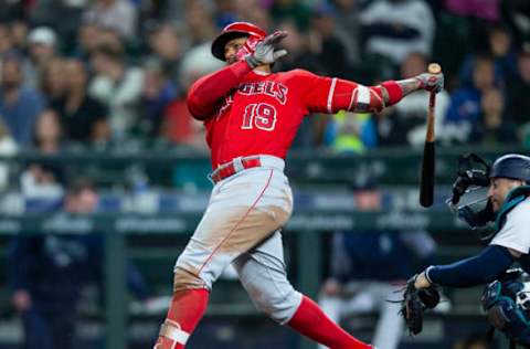 SEATTLE, WA – MAY 5: Jefry Marte #19 of the Los Angeles Angels of Anaheim hits a three-run home run off of starting pitcher Marco Gonzales #32 of the Seattle Mariners during the sixth inning of a a game at Safeco Field on May 5, 2018 in Seattle, Washington. (Photo by Stephen Brashear/Getty Images)