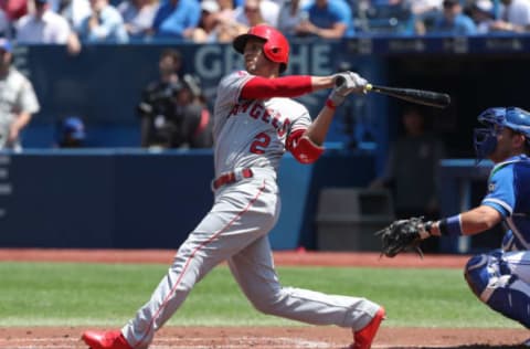 TORONTO, ON – MAY 24: Andrelton Simmons #2 of the Los Angeles Angels of Anaheim hits a double in the second inning during MLB game action against the Toronto Blue Jays at Rogers Centre on May 24, 2018 in Toronto, Canada. (Photo by Tom Szczerbowski/Getty Images)