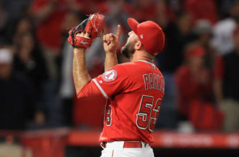 ANAHEIM, CA – JUNE 04: Blake Parker #53 of the Los Angeles Angels of Anaheim reacts after defeating the Kansas City Royals 9-6 in a game at Angel Stadium on June 4, 2018 in Anaheim, California. (Photo by Sean M. Haffey/Getty Images)