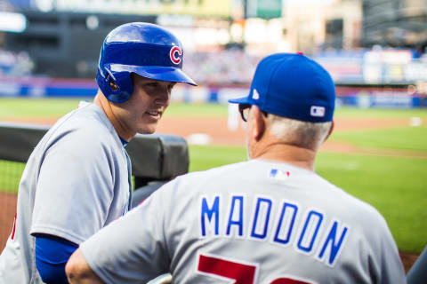 Anthony Rizzo, Joe Maddon, Los Angeles Angels (Photo by Rob Tringali/SportsChrome/Getty Images)