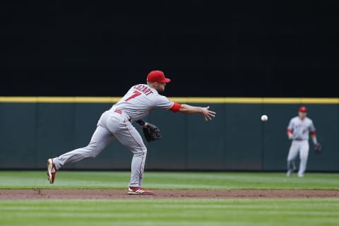 SEATTLE, WA – JUNE 12: Zack Cozart #7 of the Los Angeles Angels of Anaheim makes the throw to second to get a double play on Dee Gordon #9 of the Seattle Mariners and Jean Segura #2 in the first inning at Safeco Field on June 12, 2018 in Seattle, Washington. (Photo by Lindsey Wasson/Getty Images)