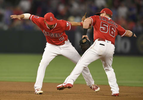 ANAHEIM, CA – JUNE 22: Andrelton Simmons #2 and Kole Calhoun #56 of the Los Angeles Angels of Anaheim celebrate a 2-1 victory over Toronto Blue Jays at Angel Stadium on June 22, 2018 in Anaheim, California. (Photo by John McCoy/Getty Images)