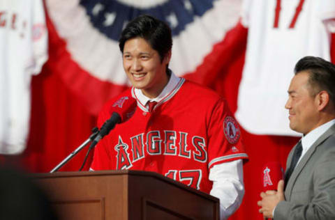 ANAHEIM, CA – DECEMBER 09: Shohei Ohtani speaks onstage as he is introduced to the Los Angeles Angels of Anaheim at Angel Stadium of Anaheim on December 9, 2017 in Anaheim, California. (Photo by Josh Lefkowitz/Getty Images)