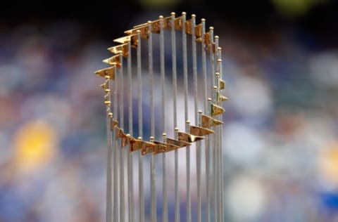 APRIL 05: A detail of the World Series Championship trophy atop a pedestal. This is what the Angels are chasing(Photo by Jamie Squire/Getty Images)