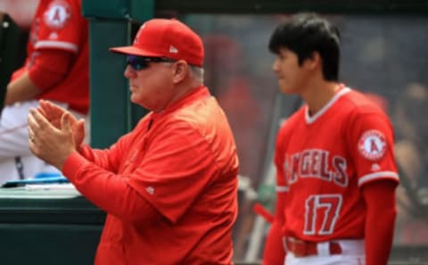 ANAHEIM, CA – APRIL 04: Manager Mike Scioscia looks on as Shohei Ohtani