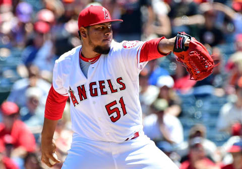 ANAHEIM, CA – APRIL 22: Jaime Barria #51 of the Los Angeles Angels of Anaheim set a new MLB record with a 21 pitch at-bat against Brandon Belt #9 of the San Francisco Giants in the first inning of the game at Angel Stadium on April 22, 2018 in Anaheim, California. (Photo by Jayne Kamin-Oncea/Getty Images)