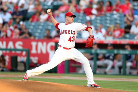 Garrett Richards of the LA Angels pitches in 2018. (Photo by Rob Leiter/MLB Photos via Getty Images)