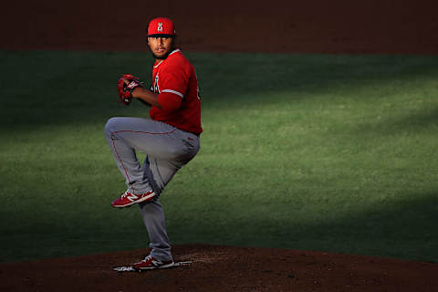 ANAHEIM, CALIFORNIA – JULY 15: Jaime Barria #51 of the Los Angeles Angels pitches during an intraleague game at their summer workouts at Angel Stadium of Anaheim on July 15, 2020 in Anaheim, California. (Photo by Sean M. Haffey/Getty Images)