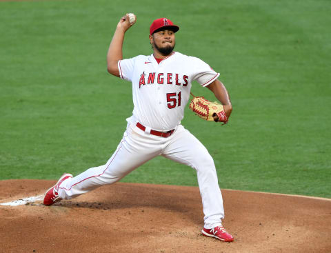 ANAHEIM, CA – SEPTEMBER 18: Jaime Barria #51 of the Los Angeles Angels pitches in the game against the Texas Rangers at Angel Stadium of Anaheim on September 18, 2020 in Anaheim, California. (Photo by Jayne Kamin-Oncea/Getty Images)