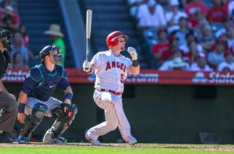 ANAHEIM, CA – SEPTEMBER 16: Kole Calhoun #56 of the Los Angeles Angels hits a homerun in the 7th inning against the Seattle Mariners at Angel Stadium on September 16, 2018 in Anaheim, California. (Photo by Kent Horner/Getty Images)