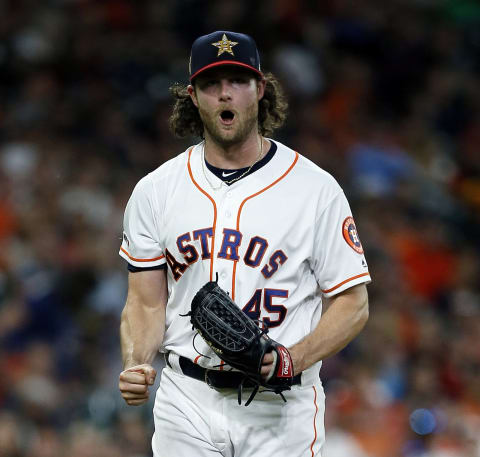 HOUSTON, TEXAS – JULY 06: Gerrit Cole #45 of the Houston Astros reacts after striking out Kole Calhoun #56 of the Los Angeles Angels of Anaheim to end the sixth inning at Minute Maid Park on July 06, 2019 in Houston, Texas. (Photo by Bob Levey/Getty Images)