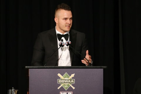 Mike Trout speaks after winning his third MVP award. (Photo by Mike Stobe/Getty Images)