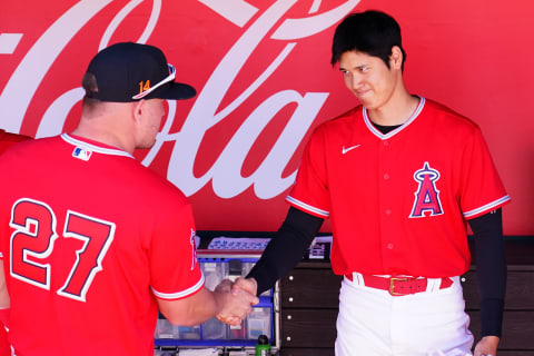 Shohei Ohtani and Mike Trout of the Los Angeles Angels (Photo by Masterpress/Getty Images)