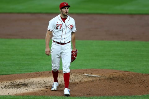 Cincinnati Reds, Trevor Bauer (27) walks off the mound after recording the final out in the second inning of a baseball game against the Milwaukee Brewers, Wednesday, Sept. 23, 2020, at Great American Ball Park in Cincinnati.Milwaukee Brewers At Cincinnati Reds Sept 23