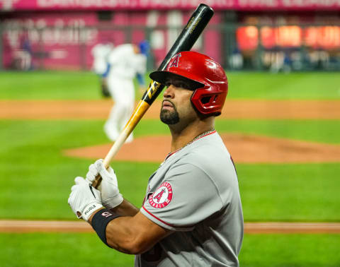 Apr 12, 2021; Kansas City, Missouri, USA; Los Angeles Angels first baseman Albert Pujols (5) gets ready to bat against the Kansas City Royals during the sixth inning at Kauffman Stadium. Mandatory Credit: Jay Biggerstaff-USA TODAY Sports