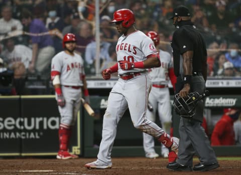 May 10, 2021; Houston, Texas, USA; Los Angeles Angels left fielder Justin Upton (10) scores after hitting a home run during the sixth inning against the Houston Astros at Minute Maid Park. Mandatory Credit: Troy Taormina-USA TODAY Sports