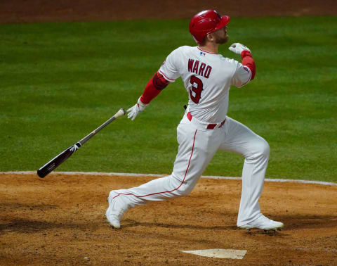 May 8, 2021; Anaheim, California, USA; Los Angeles Angels third baseman Taylor Ward (3) at the plate during the Angels 14-11 loss to the Los Angeles Dodgers at Angel Stadium. Mandatory Credit: Robert Hanashiro-USA TODAY Sports