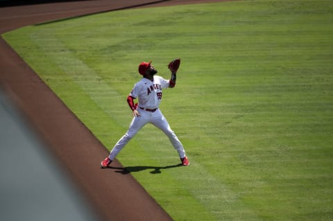 Aug 31, 2020; Anaheim, California, USA; Los Angeles Angels right fielder Jo Adell (59) defends during the game against the Seattle Mariners at Angel Stadium. Mandatory Credit: Angels Baseball/Pool Photo via USA TODAY Network