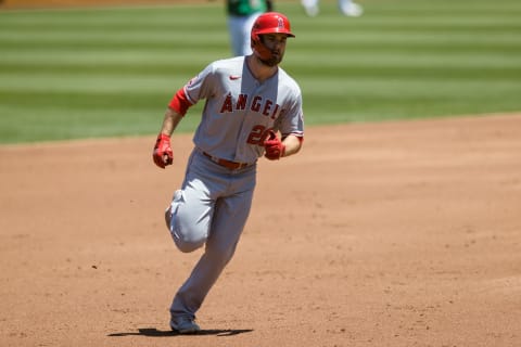 May 30, 2021; Oakland, California, USA; Los Angeles Angels first baseman Jared Walsh (20) runs the bases after hitting solo home run against the Oakland Athletics during the second inning at RingCentral Coliseum. Mandatory Credit: John Hefti-USA TODAY Sports