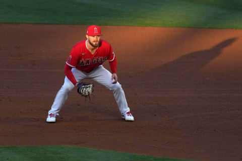 Los Angeles Angels first baseman Jared Walsh (20) during the game against the Seattle Mariners. Mandatory Credit: Kirby Lee-USA TODAY Sports