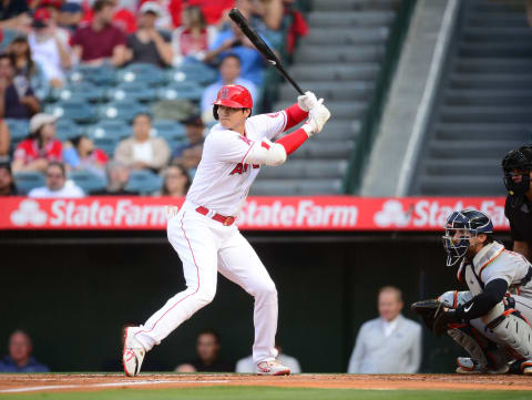 Los Angeles Angels starting pitcher Shohei Ohtani (17) hits against the Detroit Tigers. Mandatory Credit: Gary A. Vasquez-USA TODAY Sports