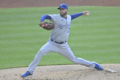 Jul 8, 2021; Cleveland, Ohio, USA; Kansas City Royals starting pitcher Danny Duffy (30) delivers a pitch in the second inning against the Cleveland Indians at Progressive Field. Mandatory Credit: David Richard-USA TODAY Sports