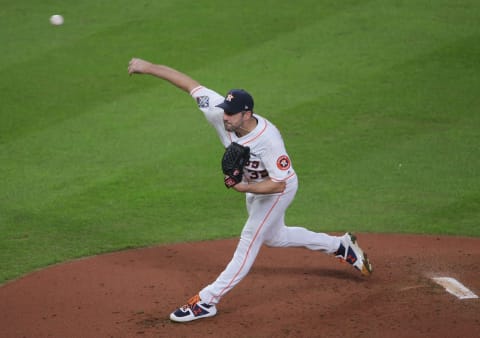 Oct 29, 2019; Houston, TX, USA; Houston Astros pitcher Justin Verlander (35) throws a pitch against the Washington Nationals in game six of the 2019 World Series at Minute Maid Park. Mandatory Credit: Erik Williams-USA TODAY Sports