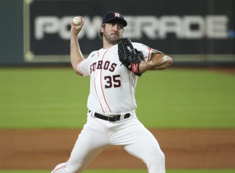 Jul 24, 2020; Houston, Texas, USA; Houston Astros starting pitcher Justin Verlander (35) delivers a pitch during the third inning against the Seattle Mariners at Minute Maid Park. Mandatory Credit: Troy Taormina-USA TODAY Sports