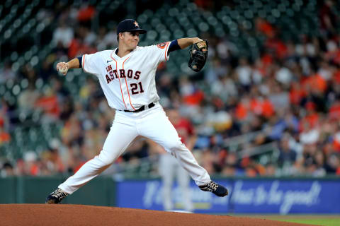 Sep 19, 2021; Houston, Texas, USA; Houston Astros starting pitcher Zack Greinke (21) delivers a pitch against the Arizona Diamondbacks during the first inning at Minute Maid Park. Mandatory Credit: Erik Williams-USA TODAY Sports