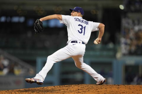 Sep 29, 2021; Los Angeles, California, USA; Los Angeles Dodgers starting pitcher Max Scherzer (31) throws a pitch in the fifth inning against the San Diego Padres at Dodger Stadium. Mandatory Credit: Kirby Lee-USA TODAY Sports