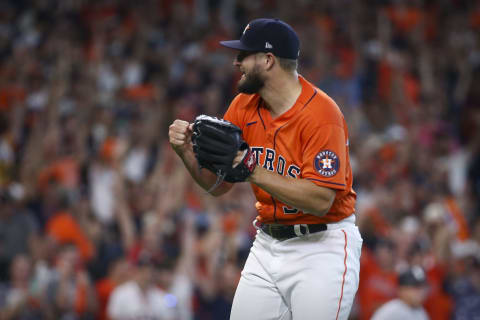 Oct 8, 2021; Houston, Texas, USA; Houston Astros relief pitcher Kendall Graveman (31) reacts to getting the last out against the Chicago White Sox during the game in game two of the 2021 ALDS at Minute Maid Park. Mandatory Credit: Troy Taormina-USA TODAY Sports