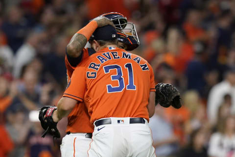 Oct 27, 2021; Houston, TX, USA; Houston Astros relief pitcher Kendall Graveman (31) celebrates with catcher Martin Maldonado (15) after defeating the Atlanta Braves in game two of the 2021 World Series at Minute Maid Park. Mandatory Credit: Thomas Shea-USA TODAY Sports