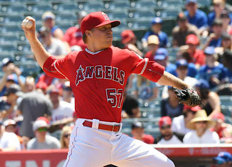 Apr 23, 2017; Anaheim, CA, USA; Los Angeles Angels starting pitcher Daniel Wright throws a pitch against the Toronto Blue Jays during the first inning at Angel Stadium of Anaheim. Mandatory Credit: Richard Mackson-USA TODAY Sports