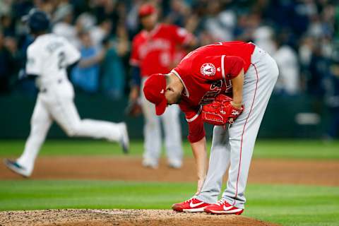 May 3, 2017; Seattle, WA, USA; Los Angeles Angels starting pitcher Ricky Nolasco (47) stands on the mound after surrendering a two-run homer against the Seattle Mariners during the fifth inning at Safeco Field. Mandatory Credit: Joe Nicholson-USA TODAY Sports